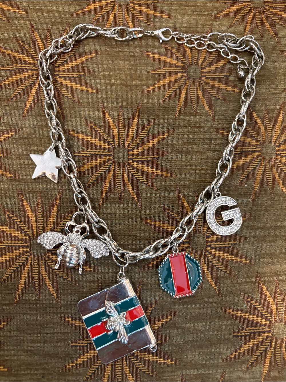 Silver-Tone Charm Necklace with Green and Red Accents